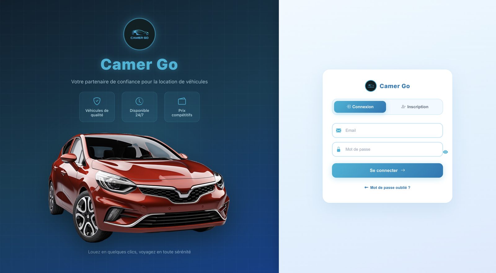 Page d'accueil de Camer Go avec le formulaire de connexion