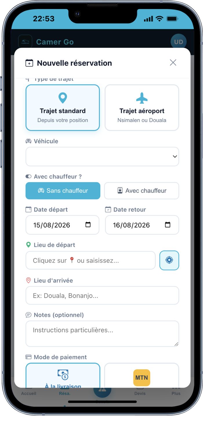 Formulaire de nouvelle réservation Camer Go sur mobile