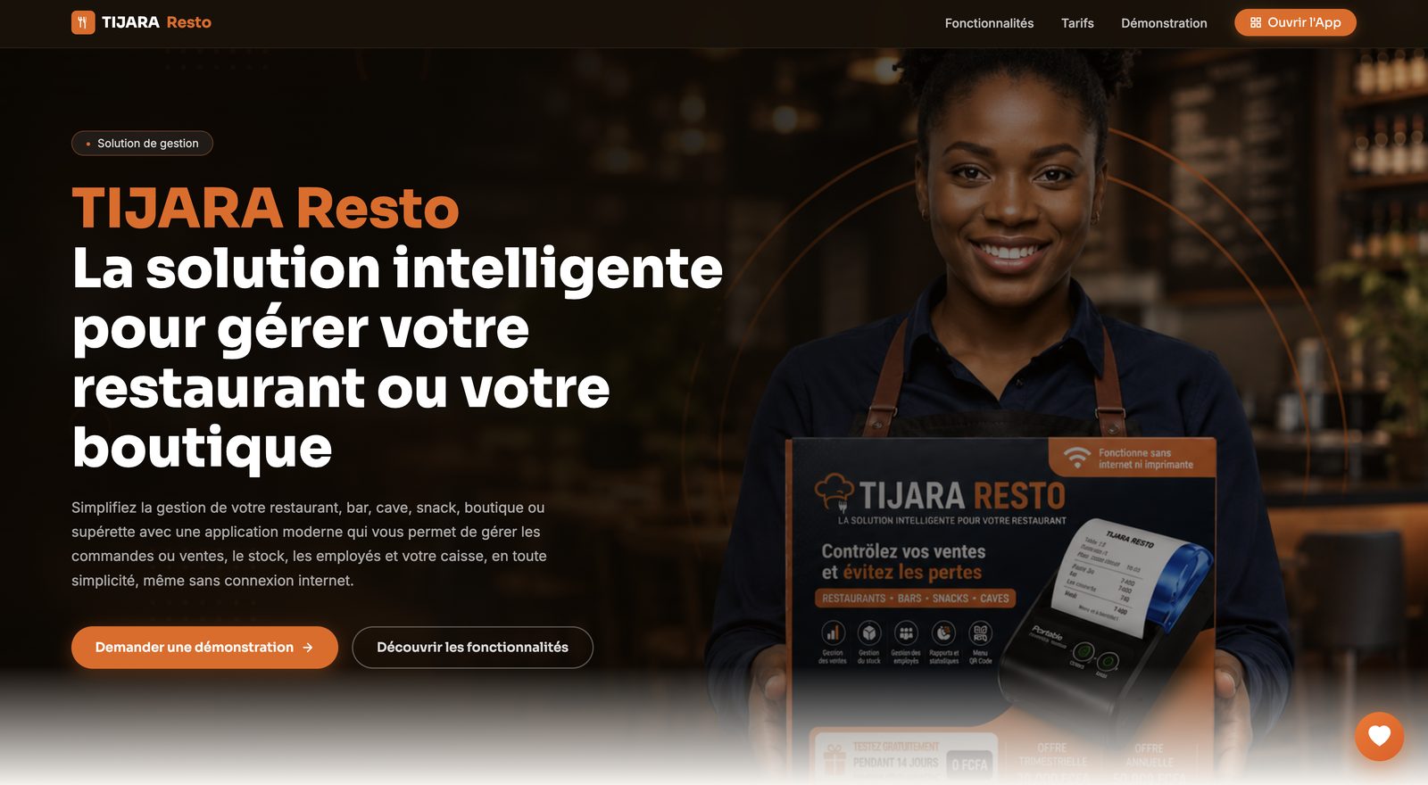 Page d'accueil de TIJARA Resto, solution de gestion pour restaurants et boutiques